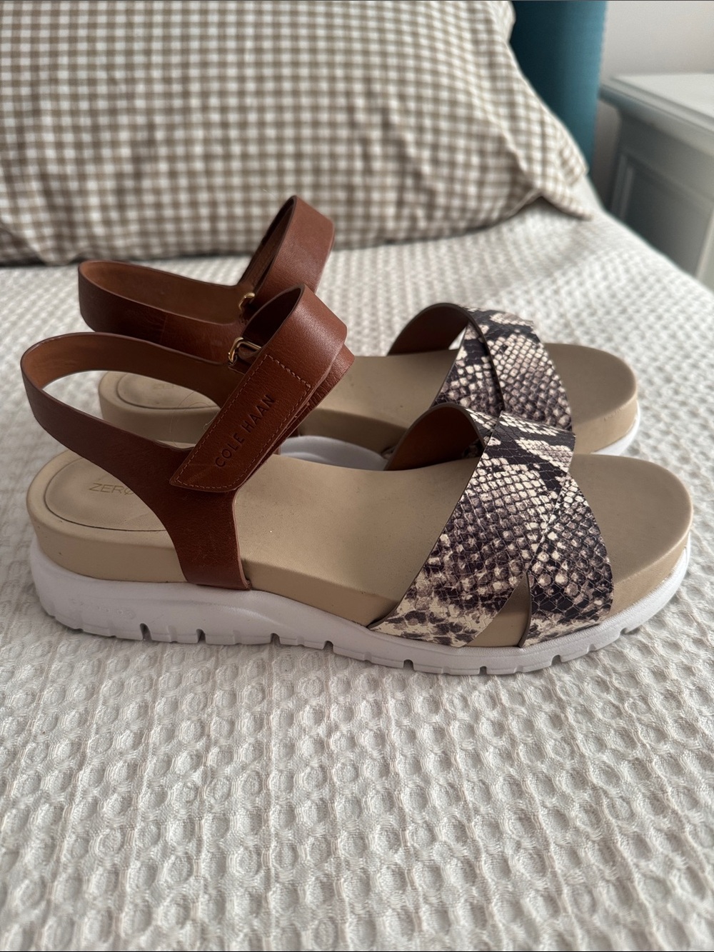 Cole Haan Brown Leather & Snake-Print Slingback Sandals - Picture 2 of 6